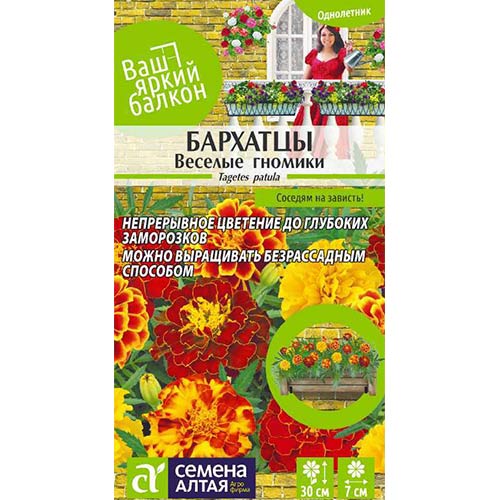 Бархатцы Веселые гномики, смесь окрасок Семена Алтая артикул фото 1 Бархатцы Веселые гномики, смесь окрасок Семена Алтая изображение 1 артикул 81619
